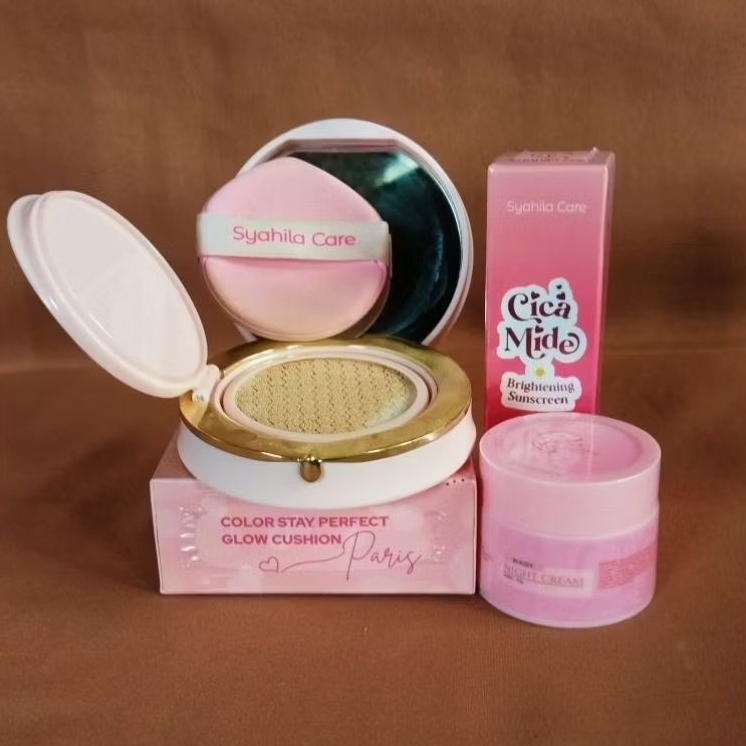paket (cushion syahila care +  sunscreen  cica mide syahila care +night krim syahila care)