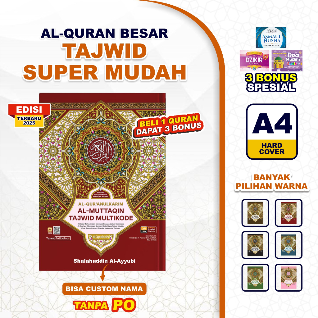 (Bisa Custom Nama) Al Quran Besar Tajwid Warna Waqaf Ibtida Al-Muttaqin A4 Bonus 3 Buku Spesial
