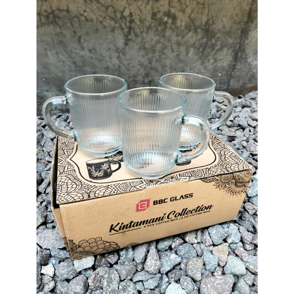 Satu Set Gelas Gagang - Cangkir Gagang Kaca Tebal Kintamani Collection - Gelas Bening
