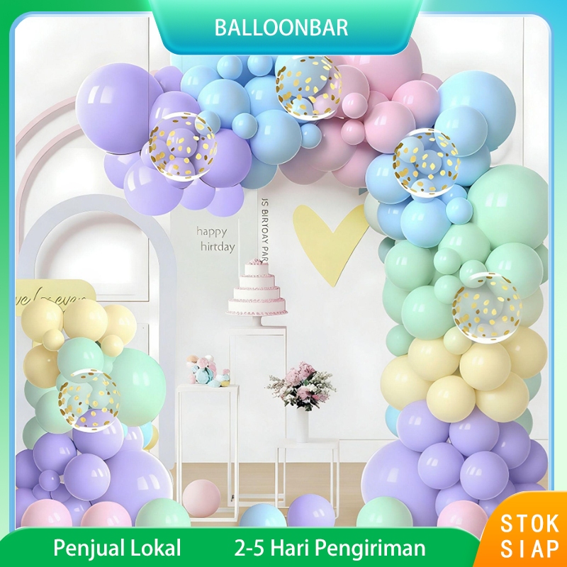 Set balon berwarna merah muda macaron, ungu, biru, dan hijau sebanyak 117 buah, cocok untuk pesta ul