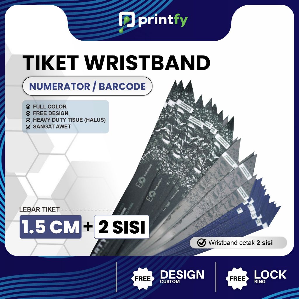 Tiket Wristband Custom + Barcode - 1.5 cm - 2 sisi / Gelang Lanyard / Gelang Konser