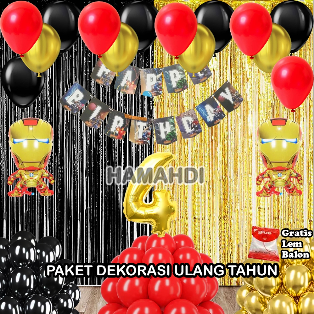 Paket Dekorasi Ulang Tahun Nama Anak Tirai Hitam Dan Gold Banner HBD Karakter Avenger Balon Metalik 