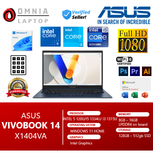 ASUS VIVOBOOK 14 X1404VA SERIES INTEL Core i3/i5/core 5 16GB 512GB 14.0 FHD NumPad WIN11HOME QUIET B