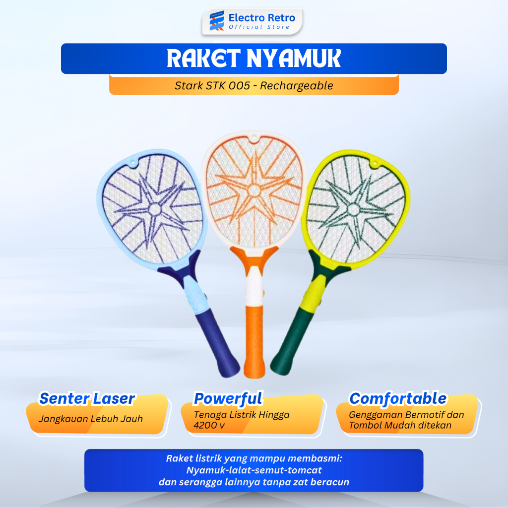 Stark Raket Nyamuk Elektrik STK-006 Raket Nyamuk Senter LED Raket Perangkap Nyamuk Tahan Lama Murah 