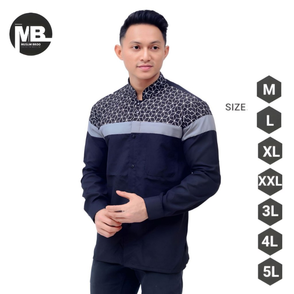 Kemeja Koko Batik Bordir Modern Lengan Panjang Manset Kancing Pria Jumbo M-5XL Katun Adem Kerah Shan