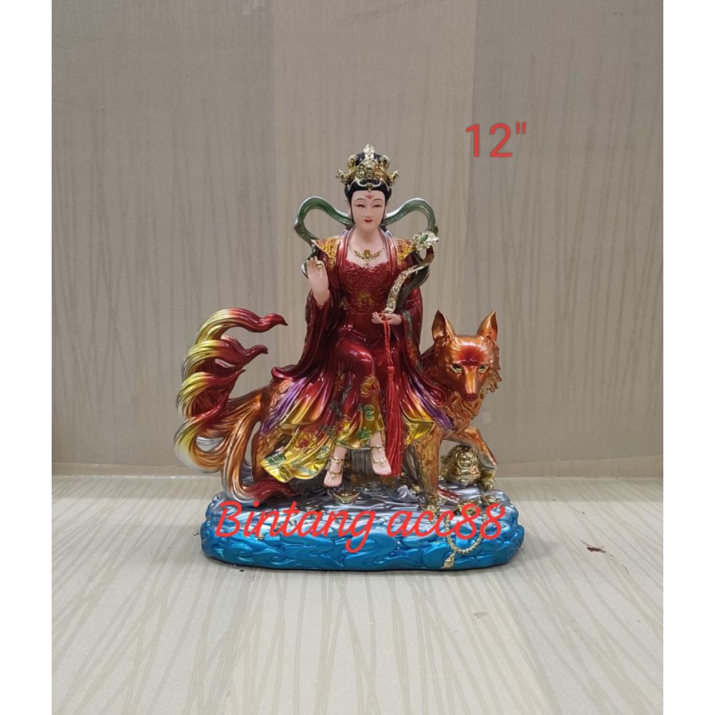 patung dewi rubah  9 ekor / kitsune - merah - fiber - 12inch