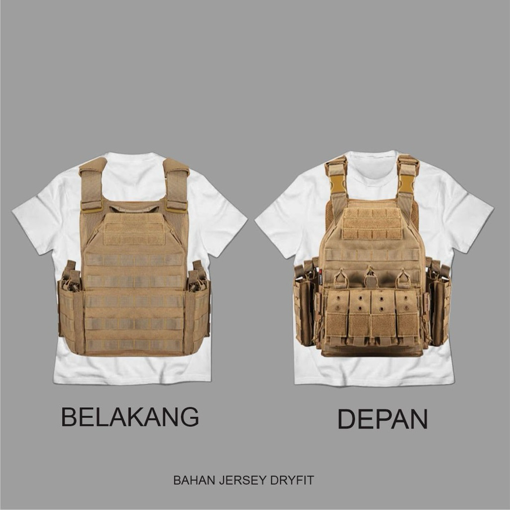 Kaos Motif Rompi Anti Peluru Tentara Vest Army Full Print Sublimasi Unik Nyaman Bahan Dryfit