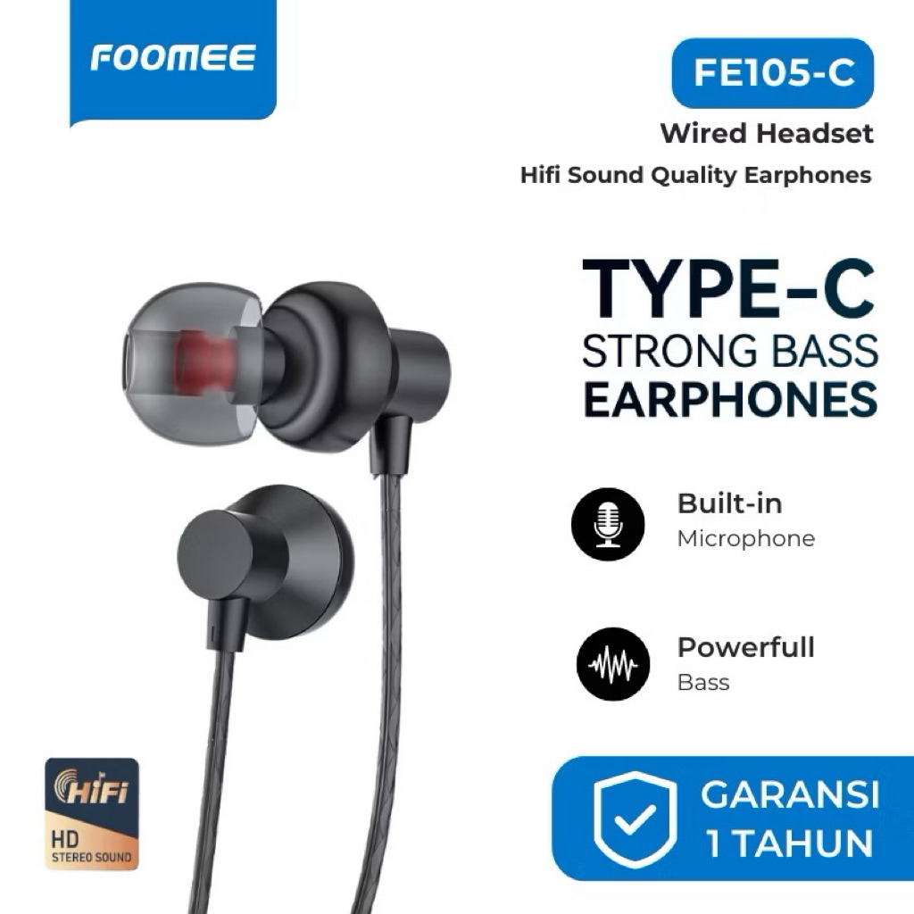 Foomee FE105-C Earphone Type-C Strong Bass , Headset Type-C Bass FE105