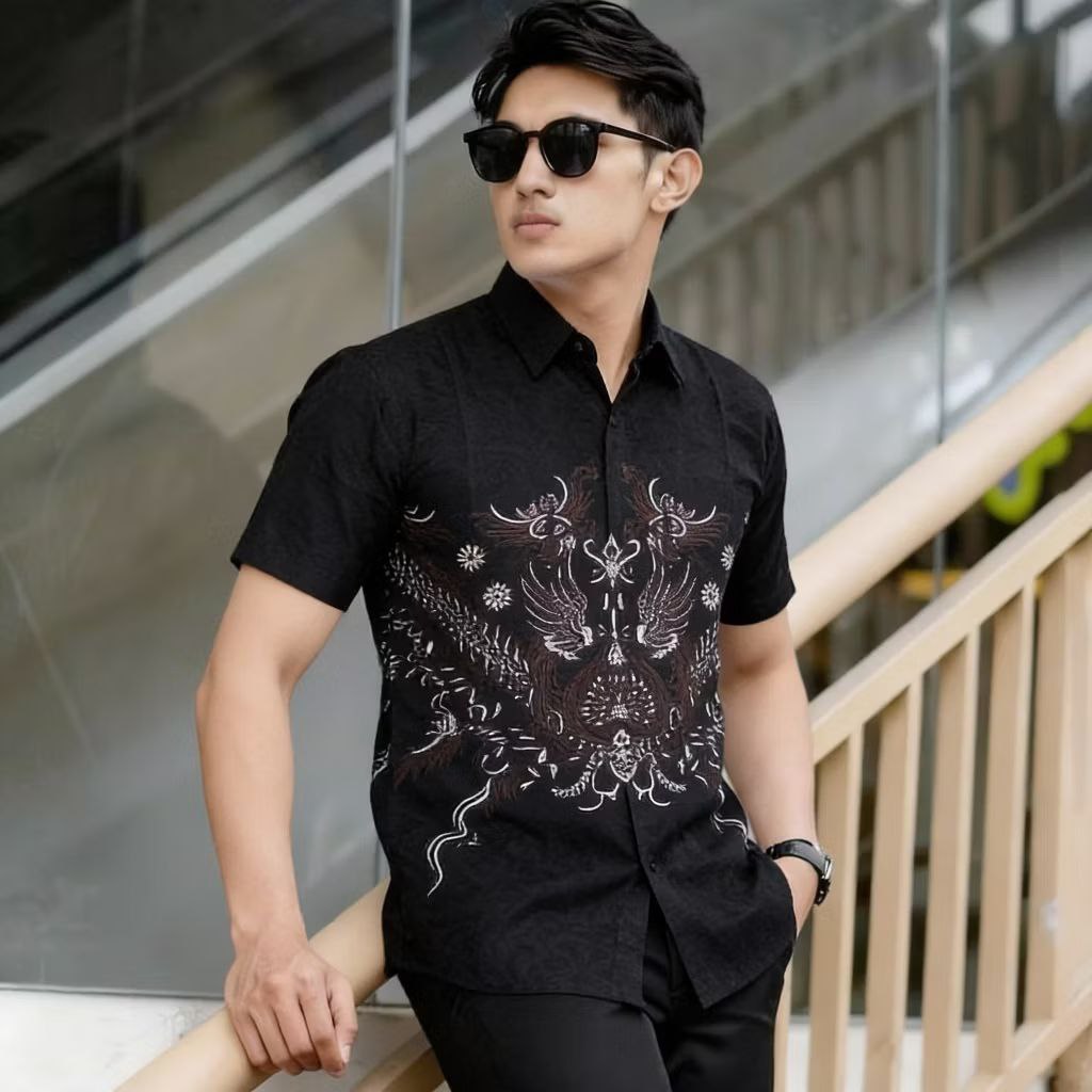 Baju Batik Pria Elegan Hitam Modern Murah Kemeja Batik Kekinian Lengan Pendek