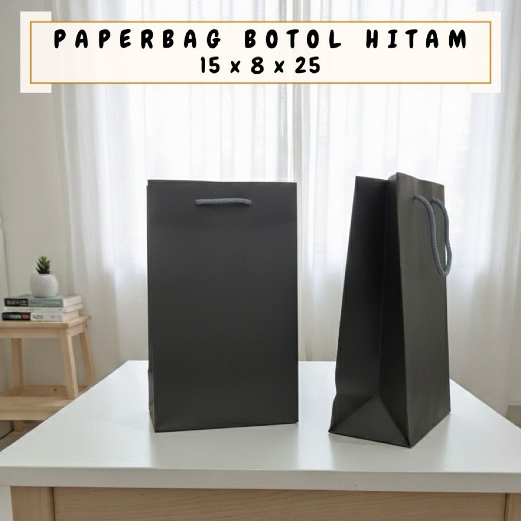 PAPERBAG BOTOL HITAM POLOS UK 15X8X25 / TAS KERTAS HITAM POLOS / GOODIEBAG HITAM POLOS / TAS KERTAS 