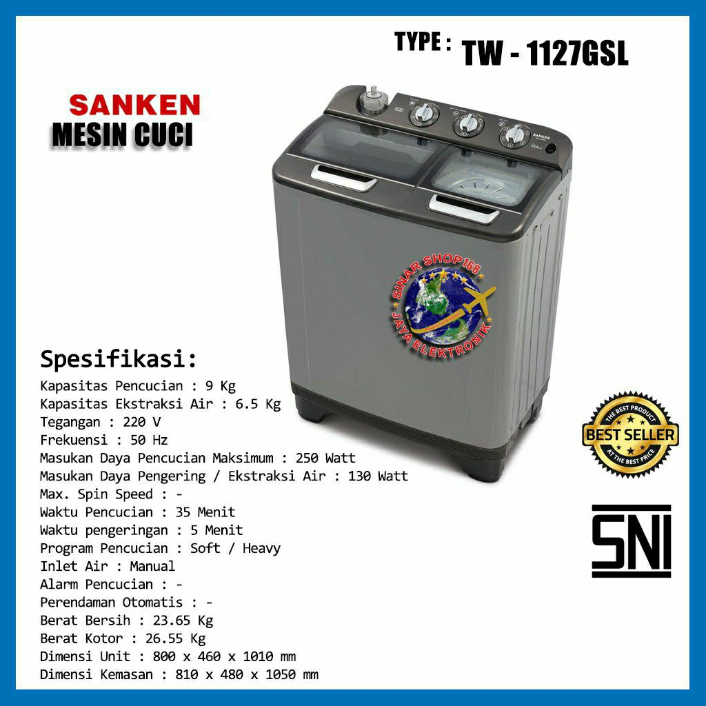 Mesin Cuci 2 Tabung Sanken TW-1127GSL / Mesin Cuci Sanken 1127GSL