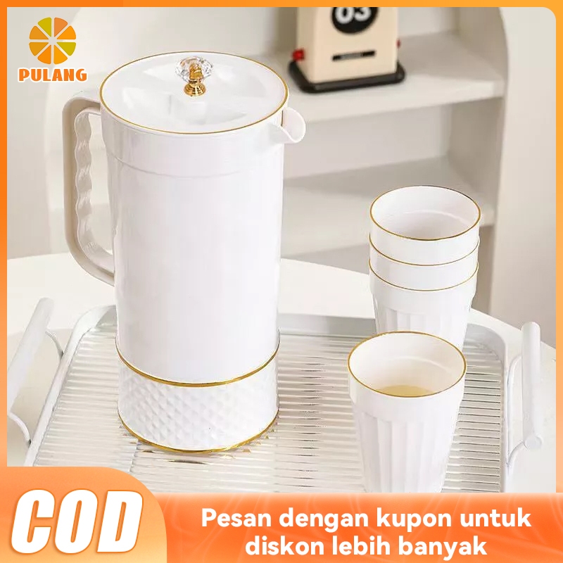 Pulang Teko Air Set 5 In 1 Plastik Set Botol Minum & Gelas dengan Desain Hiasan Emas Teko Air Minum 