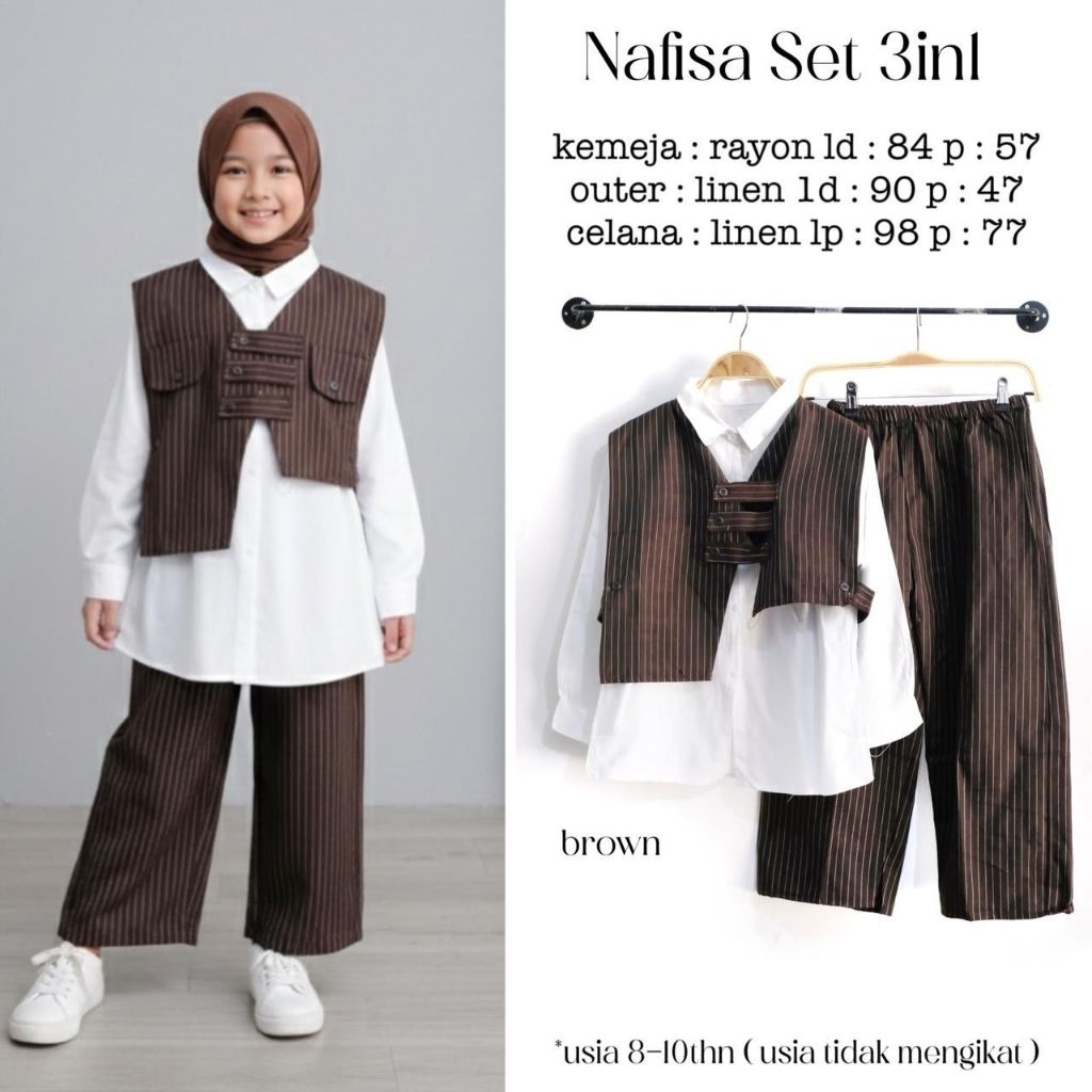 NAFISA SET KIDS 3IN1 PREMIUM USIA 8-10 Tahun - Baju Setelan Anak Perempuan Kemeja Rayon, Outer dan C
