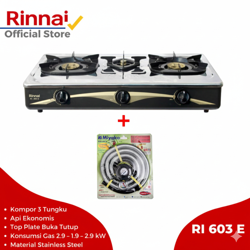 Kompor Gas Rinnai RI 603 E 3 Tungku Kompor Rinnai 603E Stainless Steel