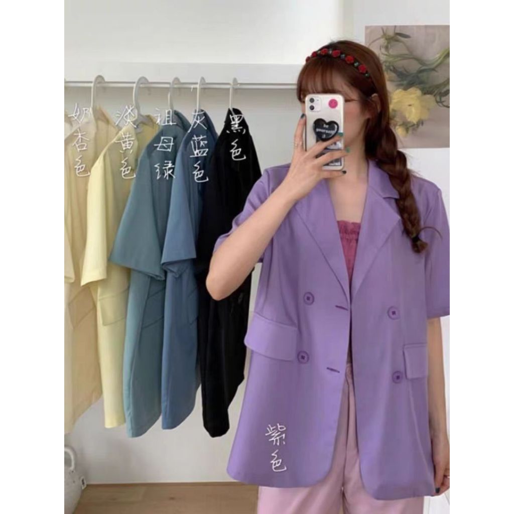 Blazer Wanita Korean Style Elegan dan Modis  JB  #1 Bahan Katun Jas Kerja Kantor Lengan Pendek Premi