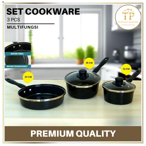 TP' Panci Wajan Set 3 Pcs Anti Lengket Cookware 3 in 1 Tutup Hitam Cookware Set Hitam