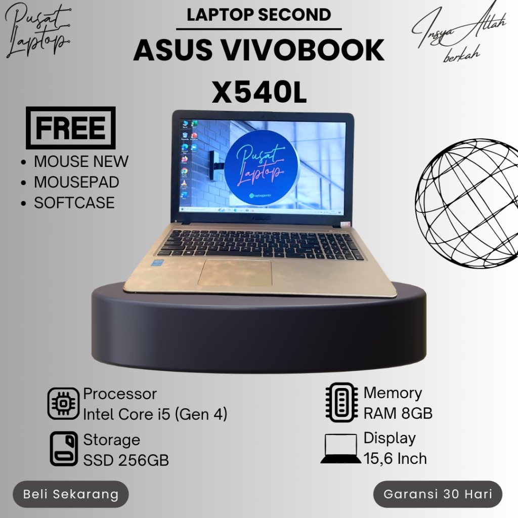 LAPTOP ASUS X540L SECOND | INTEL CORE I5 GEN 4 | RAM 8GB | SSD 256GB | NORMAL | BERGARANSI