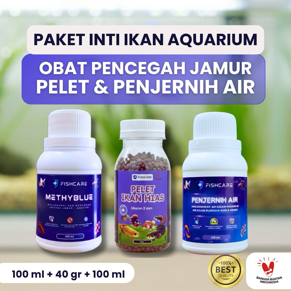 Fishcare - paket inti akuarium | Obat Biru Methylene Blue Penjernih air Pelet Ikan Hias Aquarium | B