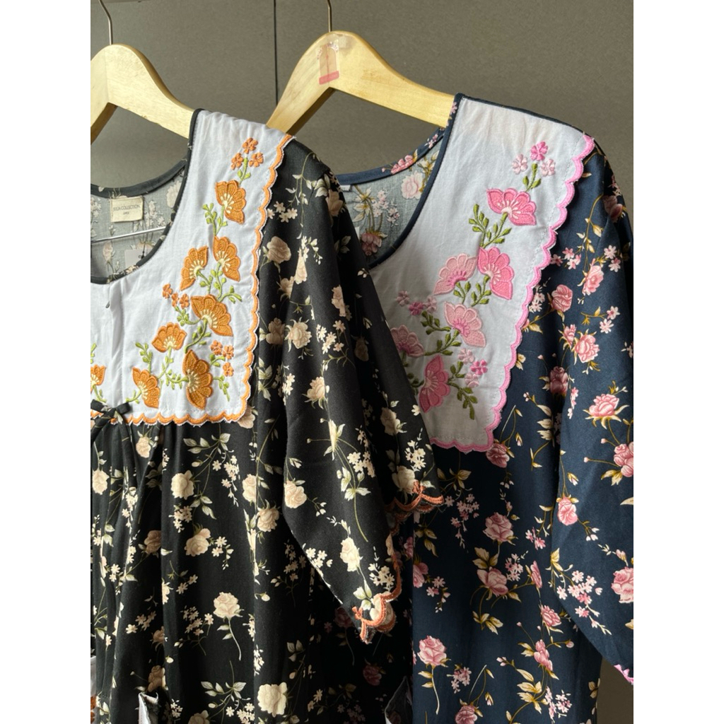 Daster Bordir Premium Katun Jepang | Daster Lengan Pendek Rok Midi