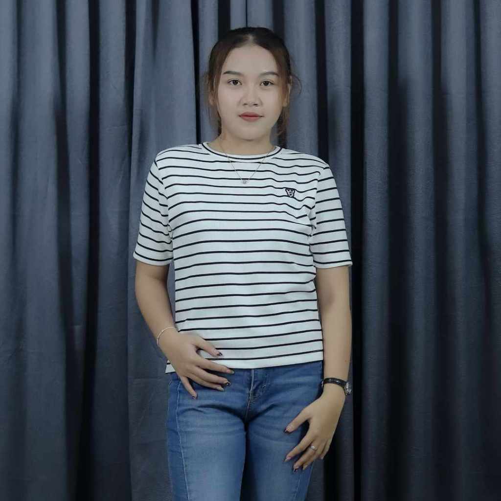Kaos Wanita Pendek Salur Remix RIOC380P Katun Motif Original