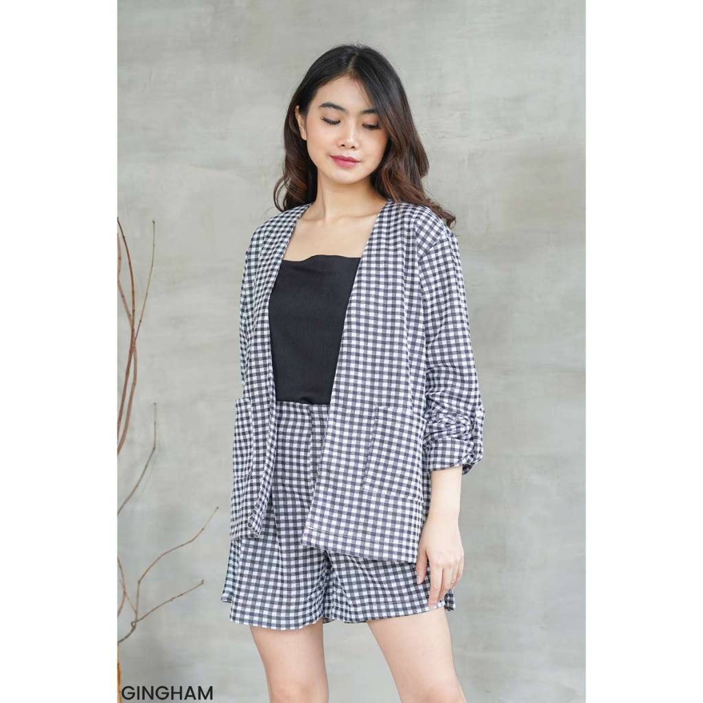Nochi Plaid Blazer Wanita Tweed | Blazer Outer Kerja Casual Modern | Blazer Houndstooth & Gingham