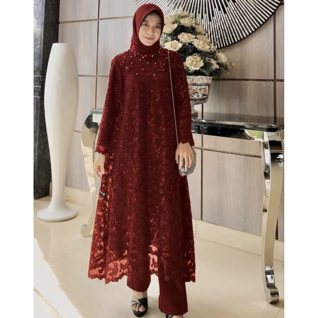 Baju Set Long Tunik Baju Setelan Brukat Celana Panjang 2in1 Wanita Dewasa Pesta Kondangan Mewah Eleg