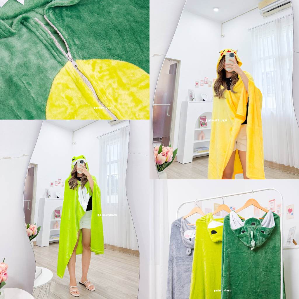 BALMUTLUCU | Selimut Hoodie Resleting Karakter Dino Frog Pikachu Neko Totoro | Jubah Selimut Anak De