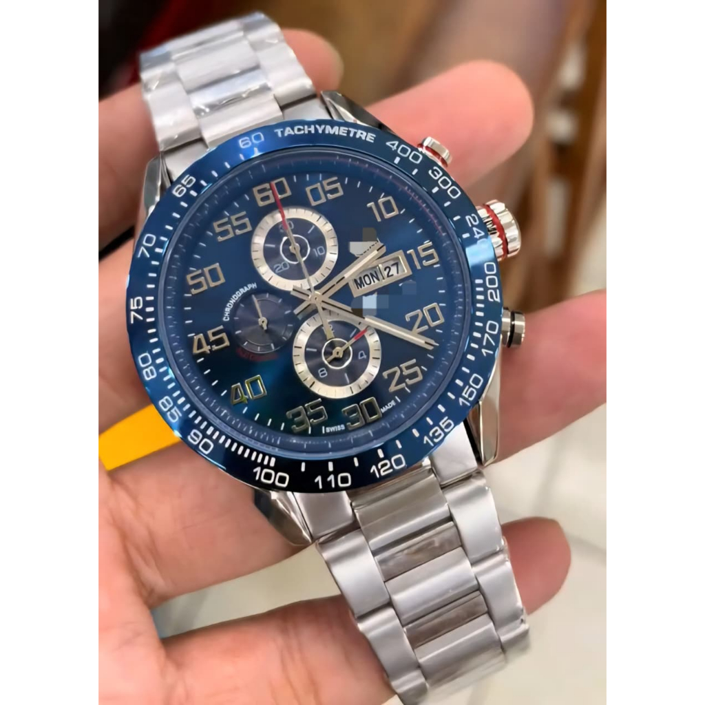 Jam tangan Luxury Pria Carrera Calibre 16 quartz chronograph 43MM blue dial, steel bracelet rare wat