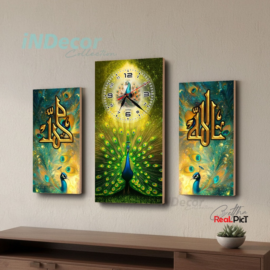 Jam Dinding Kaligrafi Burung Merak Hiasan Dinding Islami / Hiasan Ruang Tamu / Hiasan Kamar Tidur