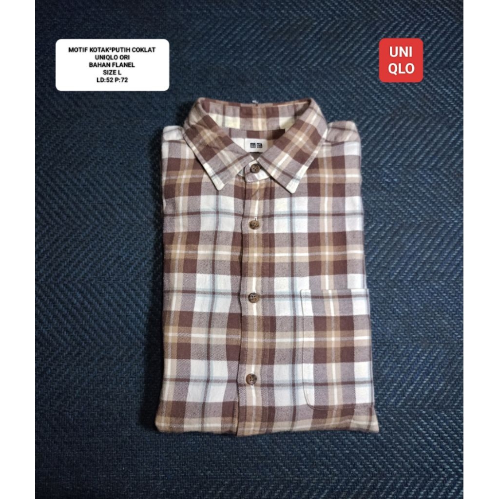 KEMEJA FLANNEL UNIQLO OR1 MOTIF KOTAK² PUTIH COKLAT SIZE L