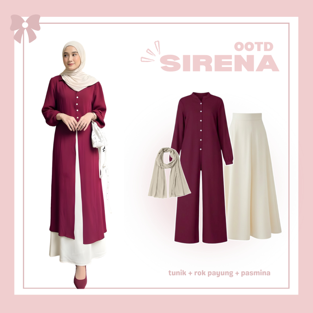 Setelan Sirena Outfit Set [ Tunik + Rok Payung + Pashmina ] One Set Korean Style | OOTD Fashion Wani