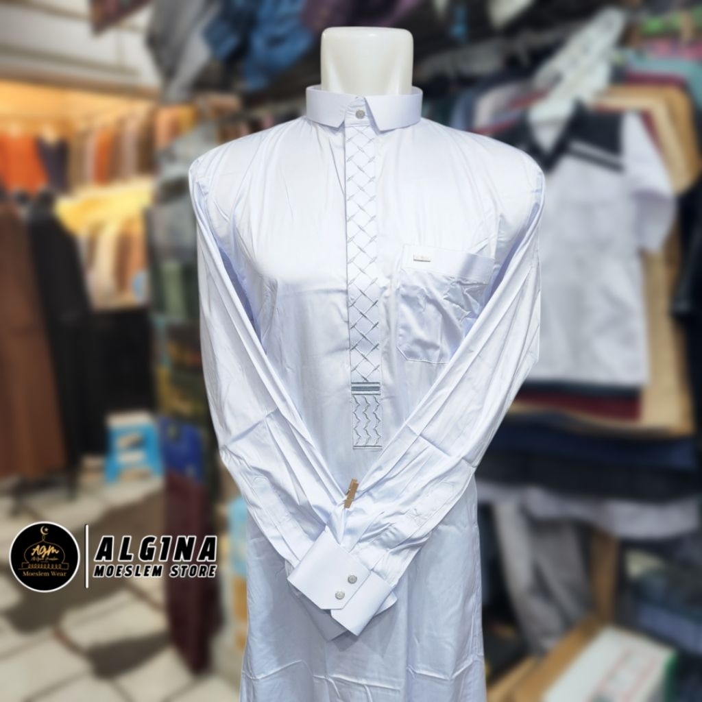 Gamis Al Wafa Putih Bordir Lengan Panjang Manset & Cuff Bahan Satin Korea Resleting | Jubah Muslim L