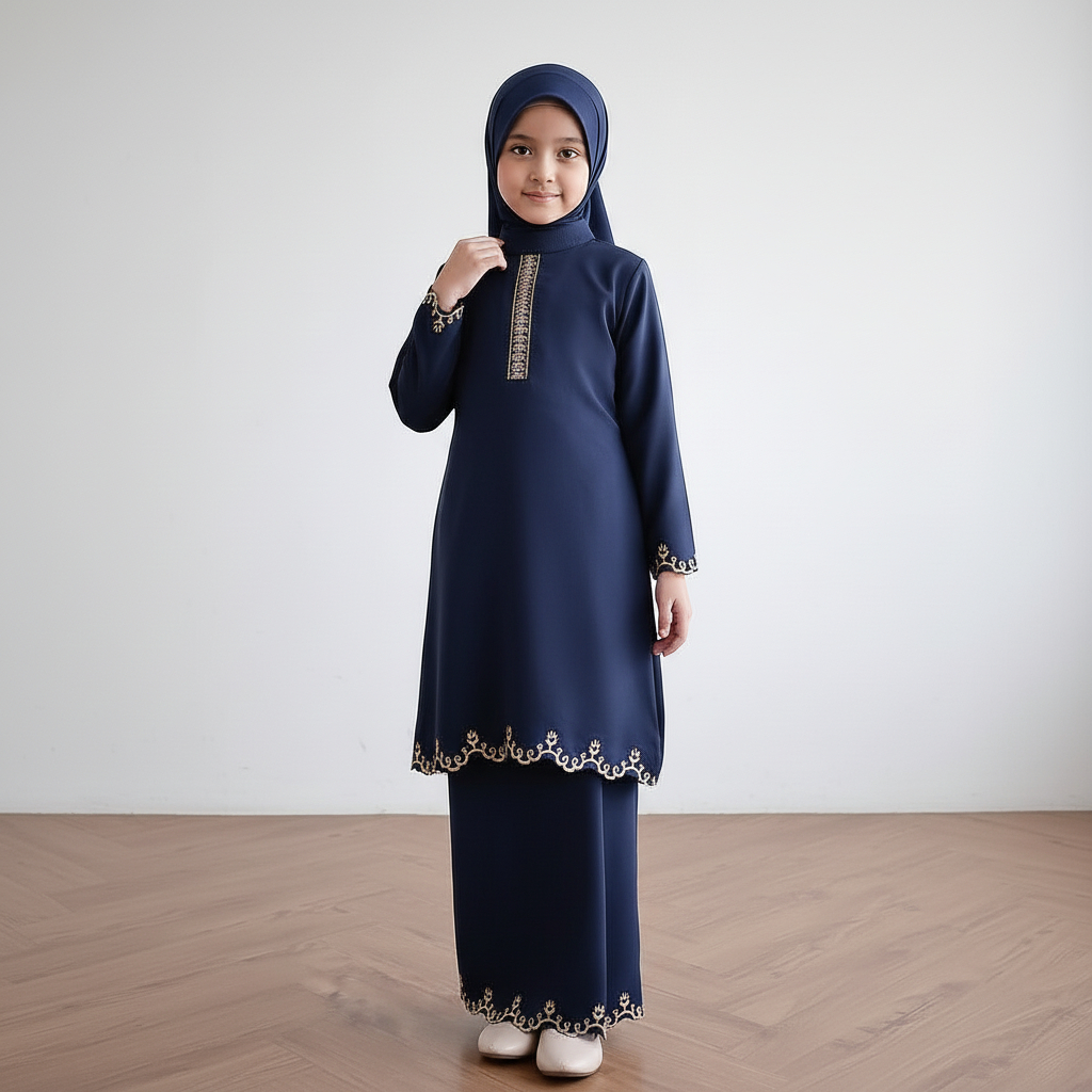 Zhil - One Set Melayu Bordir Baju Kurung Melayu Anak Bordiran Bunga Bahan Toyobo Set Rok