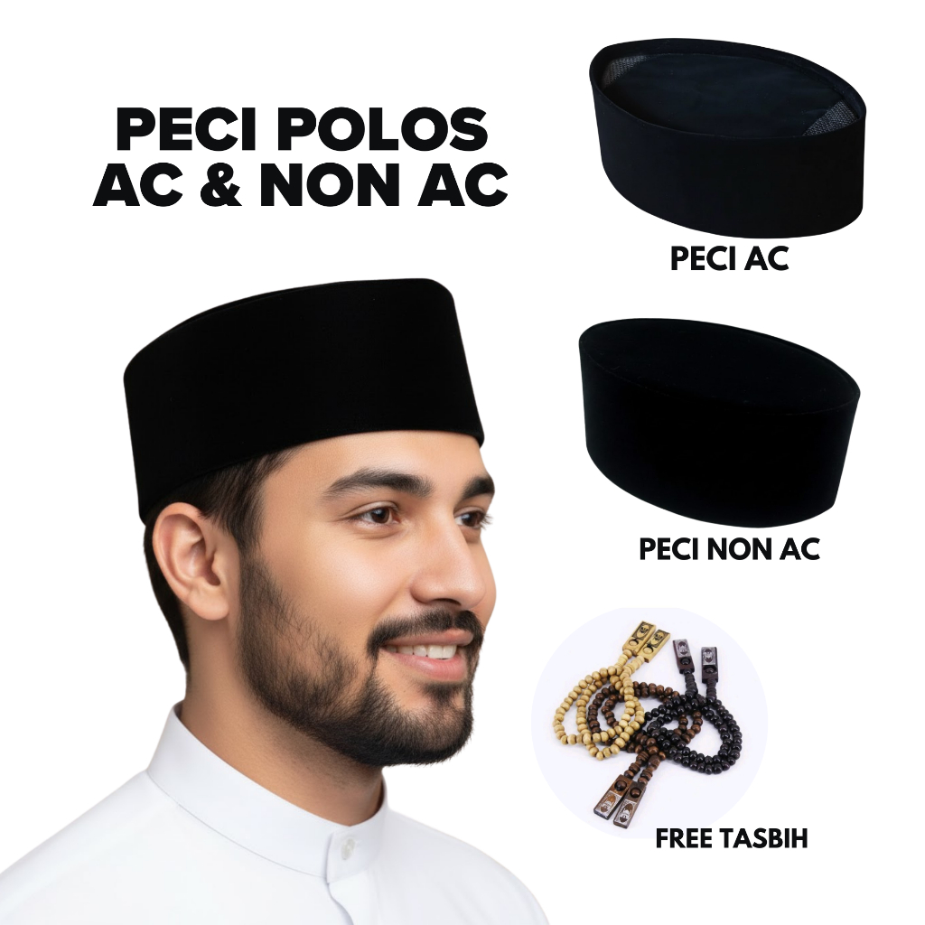 FREE TASBIH  Peci Polos Hitam AC Kopyah Non AC Songkok Pria Dewasa Topi Muslim Anak Laki-laki Beludr