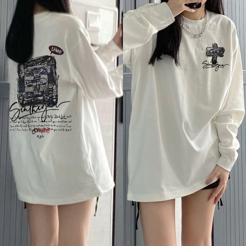 Kaos Oversize Lengan Panjang Wanita Cetakan Retro graffiti street robot print/Baju Kaos Lengan Panja