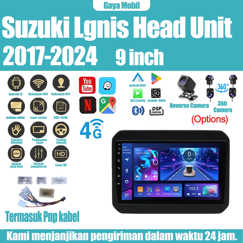 Suzuki Lgnis 2017-2024 Head Unit 8 Chip Nuklir 8+64GB/8+128GB Android 15 9 Inch Head Unit Dukungan C