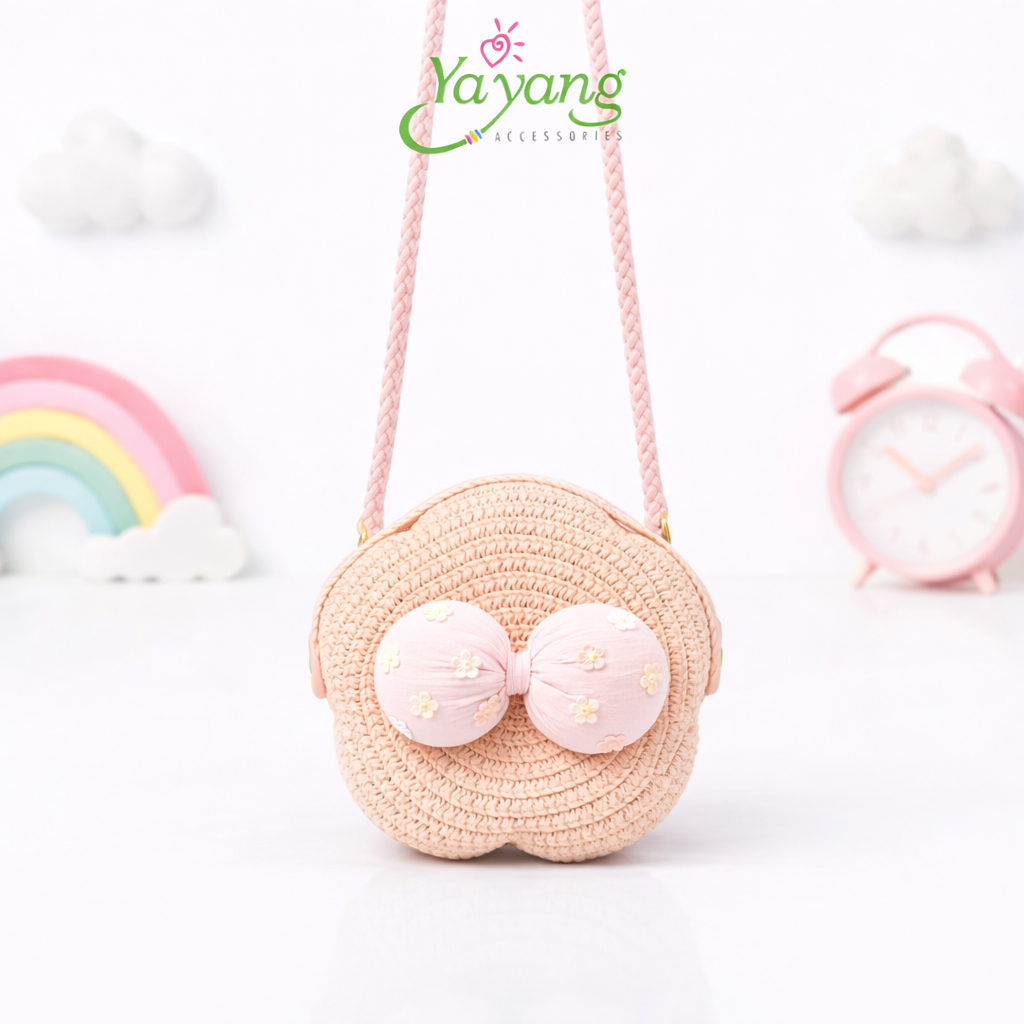 YAYANG Sling Bag Tas Jerami Bentuk Bunga - Tas Selempang Anak Rajut Pita Bunga Lucu Premium