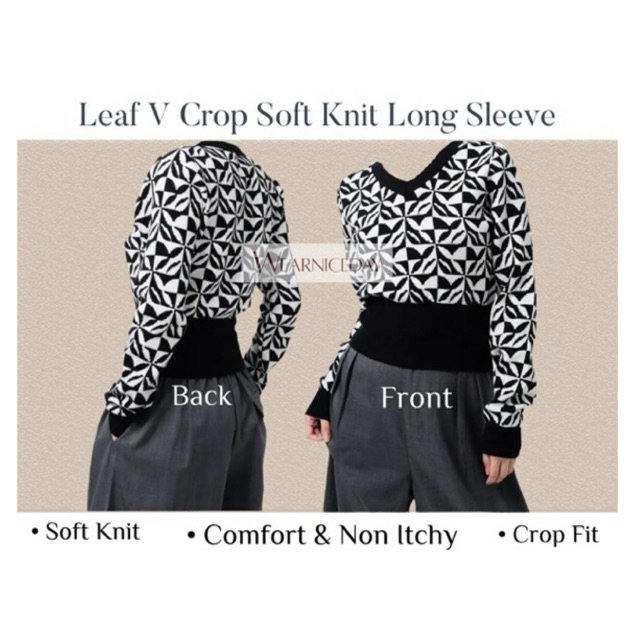 Atasan | Long Sleeve Knit Crop Top V Neck | Soft Knit Stretchy Comfort Wear Leaf | Sweater