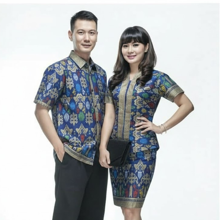 Batik Couple Modern Santika Biru - Setelan Batik Pasangan Kondangan Lamaran - Baju Batik Pria & Wani