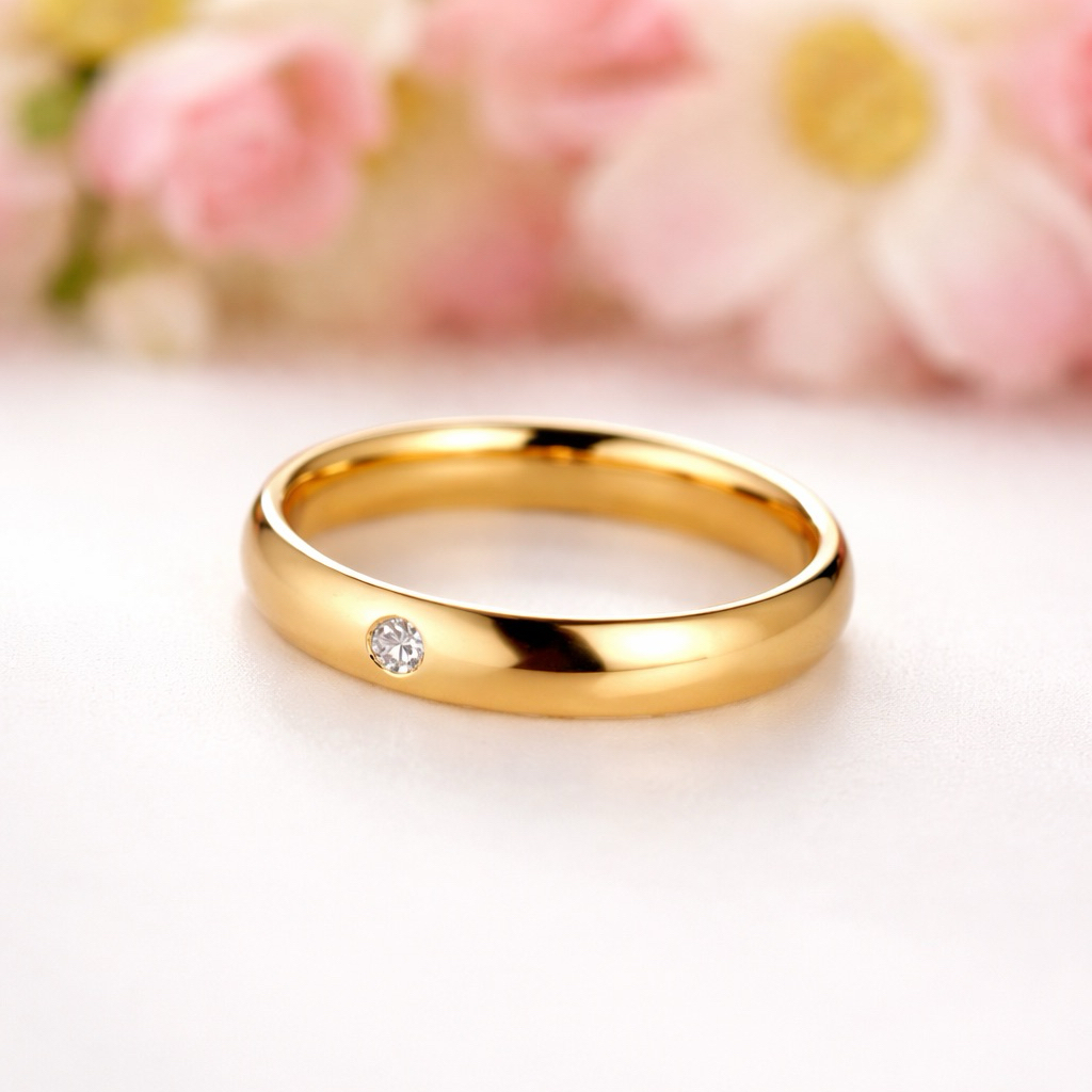 Cincin Titanium wanita pria minimalis batu berlian kecil cincin titanium emas anti luntur dan pudar