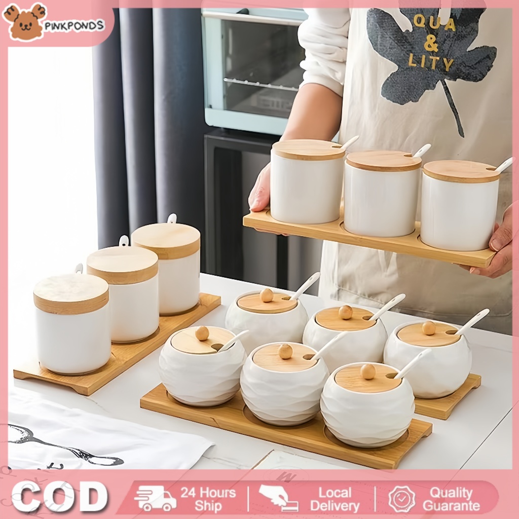 Set Toples Keramik Dapur Set 3 Toples Bumbu Keramik Set 3 Buah Toples Bumbu dan 1 Wadah Kayu