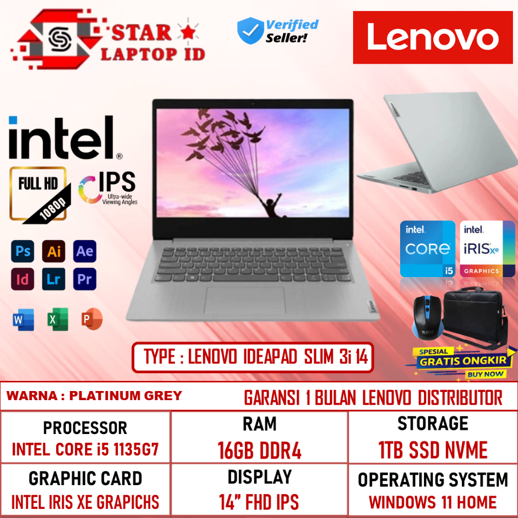 Lenovo Ideapad Slim 3i 14 i5 1135G7 Ram 20GB SSD 1Tb 14 Inch FHD Windows 11 Original