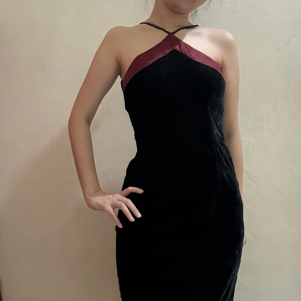Long Dress Bludru Hitam Merah / Dress Bludru Hitam / Long Dress Hitam