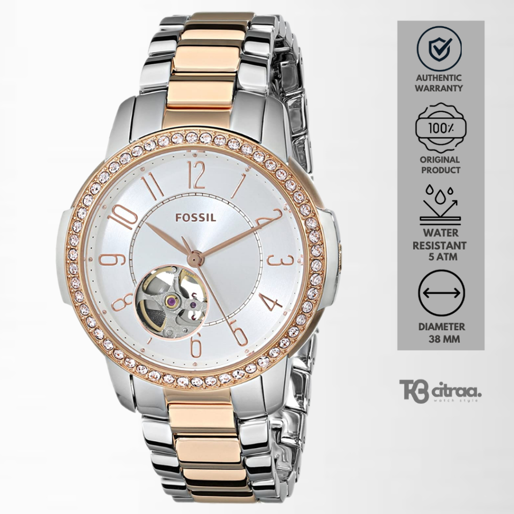 Jam Tangan Wanita Fossil Automatic Silver Rose Gold Stainless Steel Mewah Luxury Watch Original ME30
