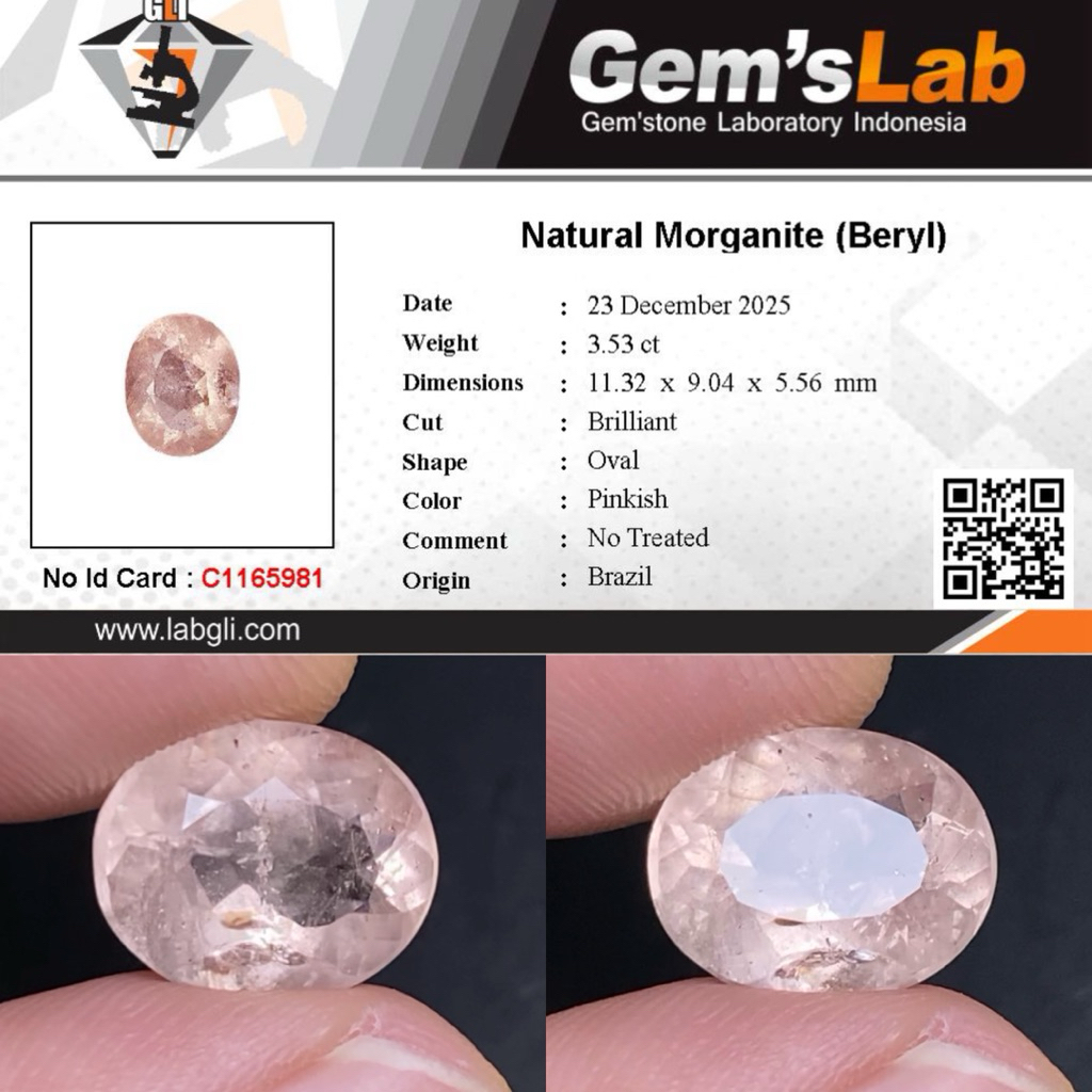 3,53 cts Natural Morganite Beryl origin Brazil No Treatment Memo GLI