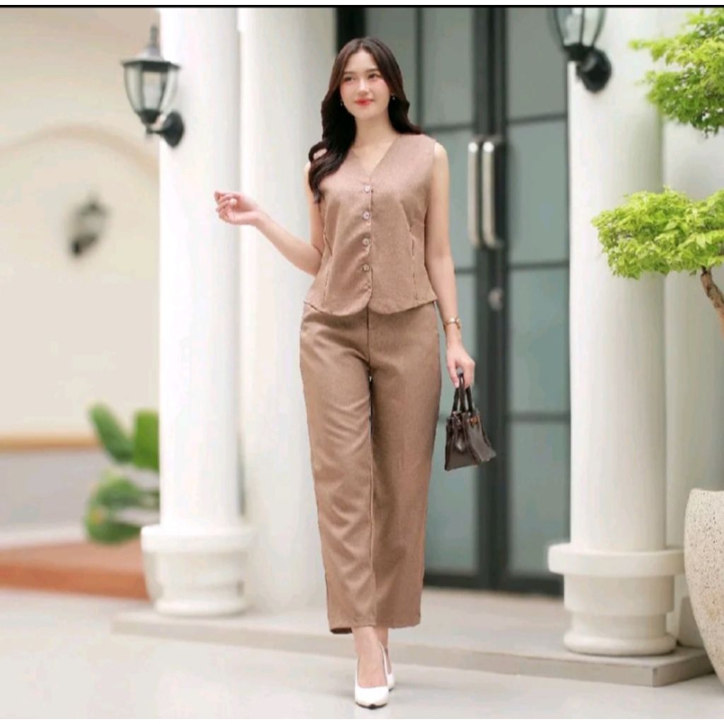 Aura vest set - setelan wanita formal - rompi tanpa lengan korean style - blazer stripe salur