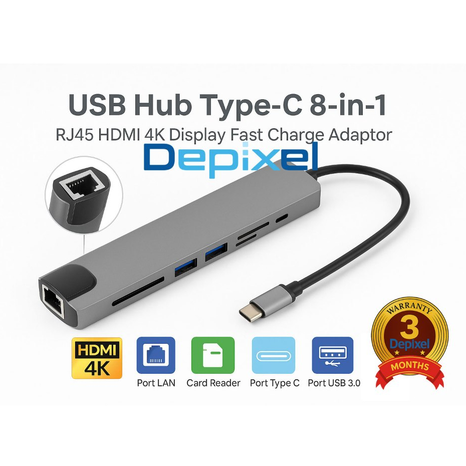 USB Hub Type C 8in1 HDMI 4K LAN RJ45 USB