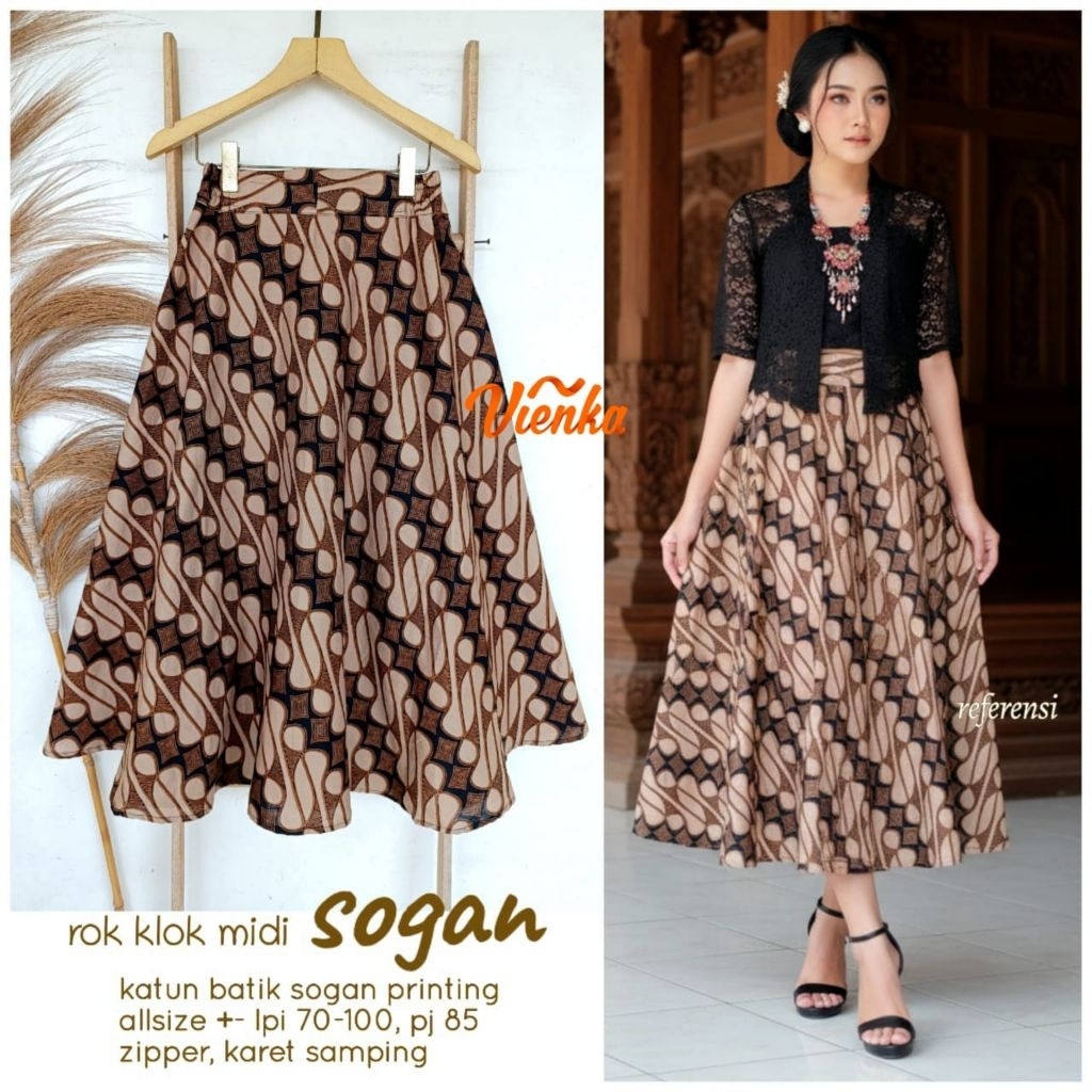 BAJU WANITA ROK KLOK BATIK MIDI ALLSIZE SOGAN PRINTING BY VIENKA