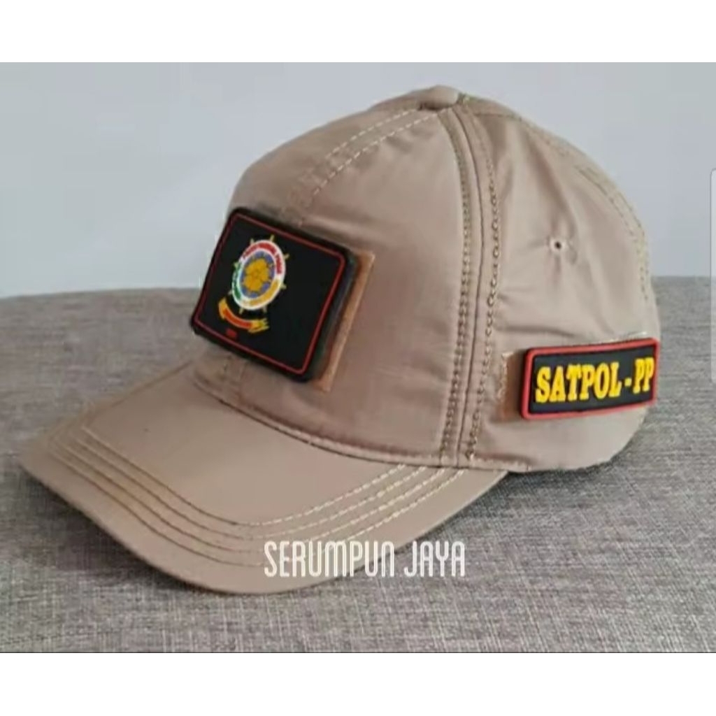 TOPI SATPOL PP KREM 3 PATCH RUBBER TEMPELAN LEPAS PASANG - TOPI SATPOL PP KREM TEMPELAN KARET RUBBER