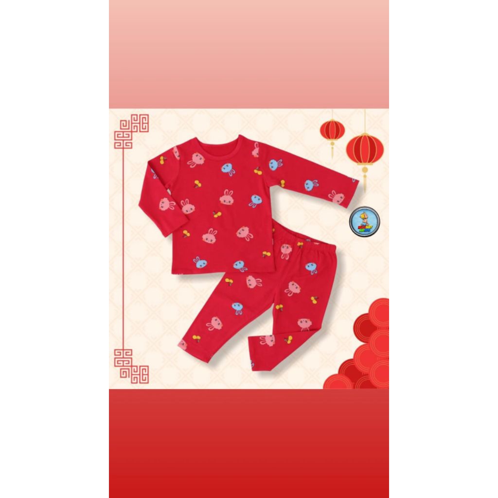 CNY Setelan Piyama Anak Merah Motif Kelinci | Baju Tidur Anak Lengan Panjang Imlek